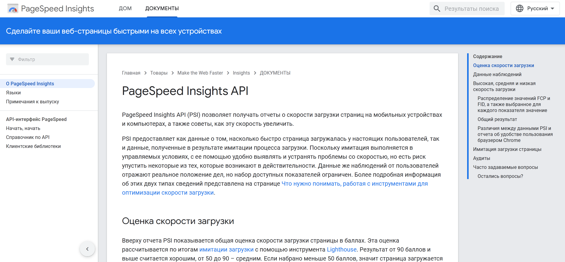 Вот как выглядит описание инструмента PageSpeed Insights