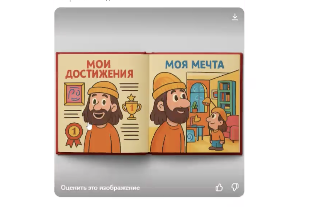 Давай делать это в стиле детской книги, где главным героем будет этот персонаж. Только добавь ему его шапочку песочного цвета, как на фото со мной