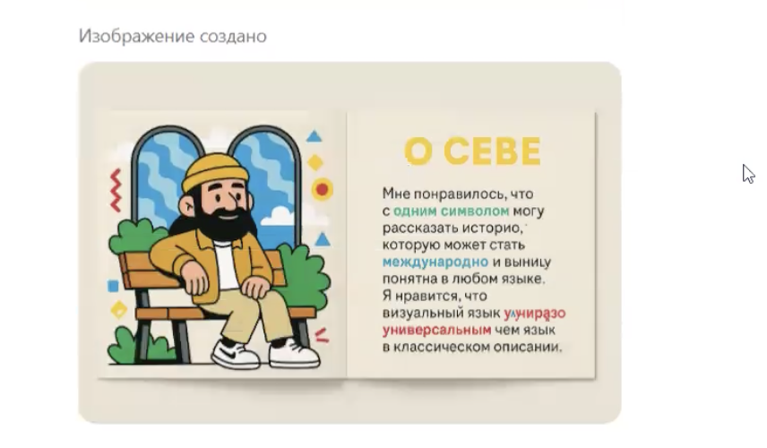 Приходилось иногда напоминать о едином стиле — диалог был длинным, и нейросеть могла «забыть» о
стилистике