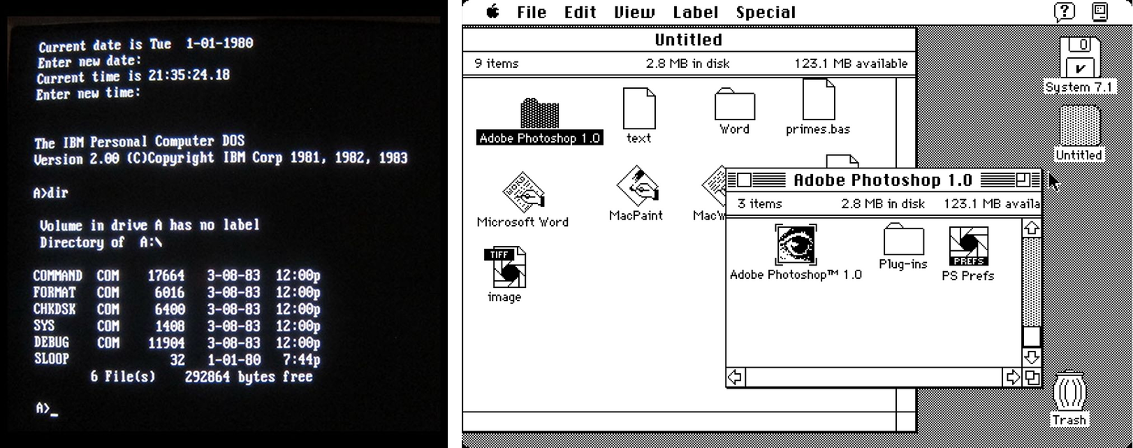 Cлева — интерфейс компьютера IBM PC в 1981, справа — Apple Macintosh в 1984