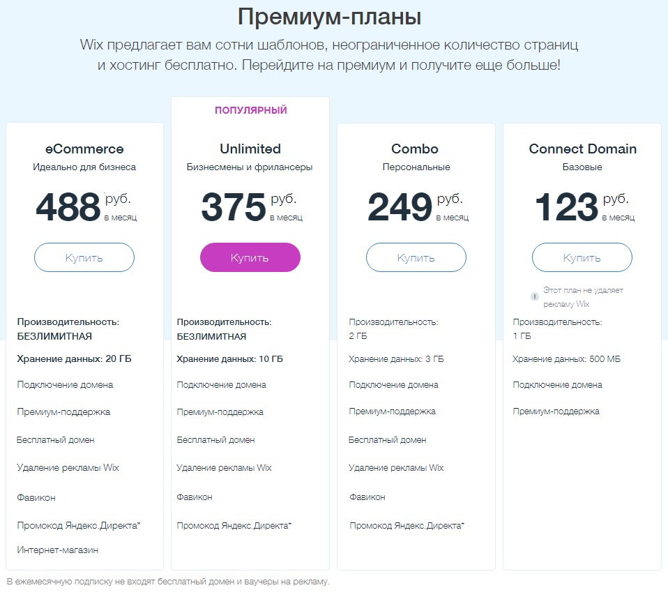 Тарифы конструктора для сайта Wix Тарифы конструктора для сайта Wix